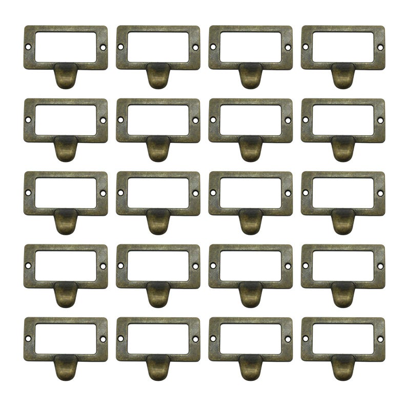 WEICHUAN 20-Pack Zinc Alloy Antique Bronze Label Frame Drawer Pulls -Vintage Industrial Style Apothecary Card Catalog Holder Pull Handles for Drawers and Cabinets, 1.7" X 2.2" - Image 1